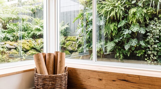 Wicker basket with wooden logs near window with view of indoor vertical garden. Interior design with natural decor and lush green plants. Ecological home living and wellness concept.