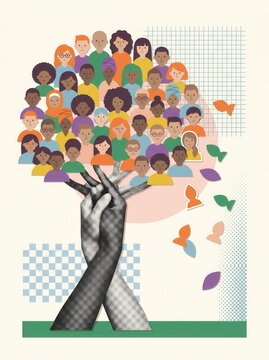 Tree illustration with clasped hands trunk and community faces canopy
