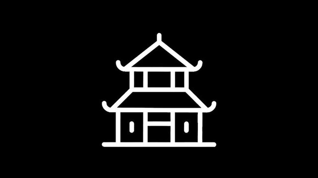 Simple white line drawing of a traditional Asian pagoda building on a black background