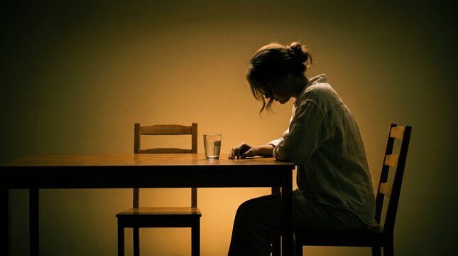 Woman sitting alone at wooden dining table with empty chair, loneliness