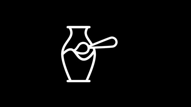 Minimalist white outline of a vase with a spoon inside on a black background