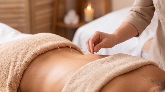 Acupuncturist inserting needle into patient back during spa treatment. Woman receiving alternative medical therapy to relieve pain and stress. Professional holistic wellness procedure.