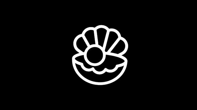 Simple white line art icon of an open oyster shell with a pearl inside on a black background