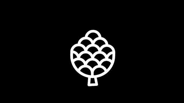 Simple white line art icon of a pine cone on a black background