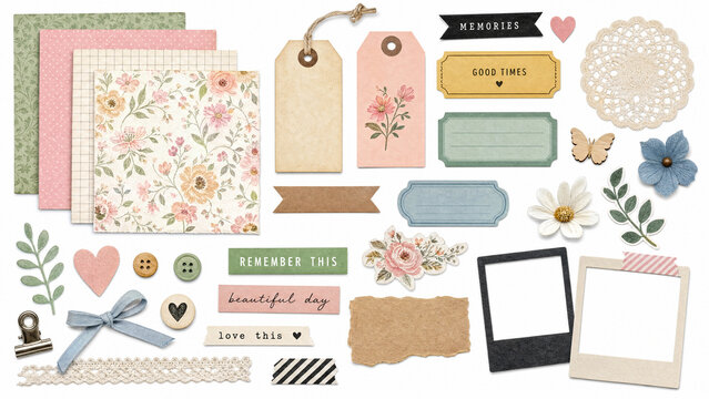 Vintage scrapbooking elements with floral paper and gift tags