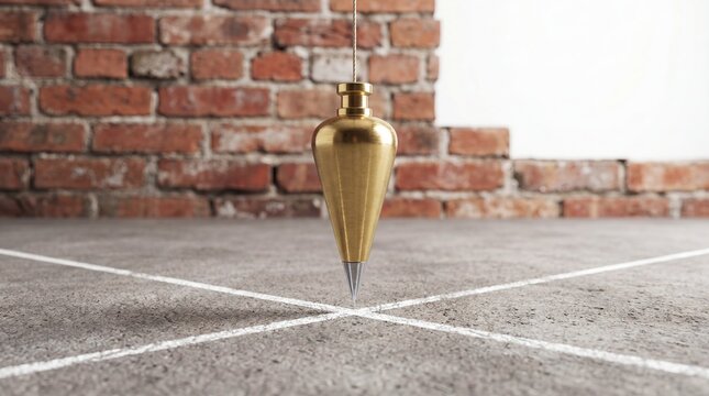 Brass plumb bob hanging over a cross mark on concrete floor. Construction tool for vertical alignment and leveling. Measuring instrument for accuracy in building and renovation work.