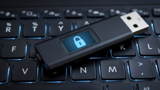 Encrypted USB flash drive with padlock security icon resting on a backlit computer keyboard