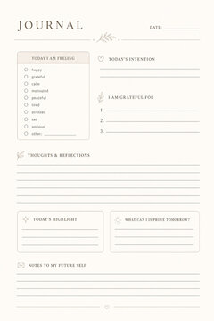 Journal template with feelings checklist and gratitude list