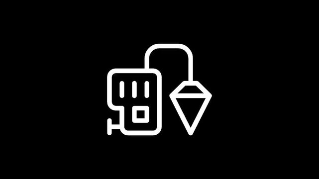 Plumb bob icon with a plumb bob hanging from a device, white outline on black background