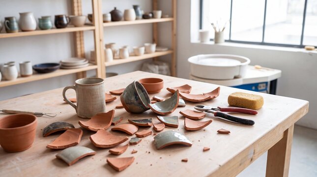 Broken ceramic bowl and shards on a wooden workshop table. Failed pottery project in a craft studio. Handmade art disaster, creative frustration, and repair concept for hobbyist.