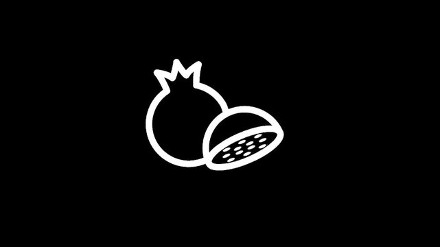 Simple white outline of a whole pomegranate and a half pomegranate on black background