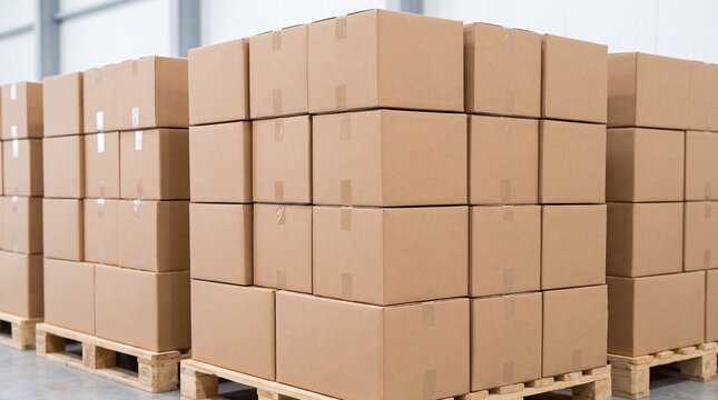 Cardboard boxes stacked on wooden pallets in warehouse. Industrial distribution and logistics storage. Parcel delivery supply chain and inventory management of goods in shipping facility.