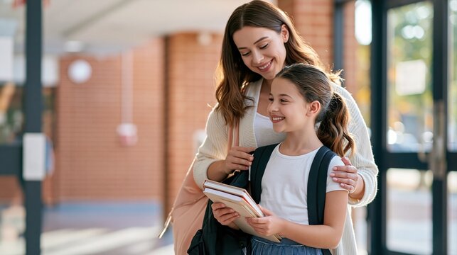 Happy mother and daughter holding books outside school building together walking