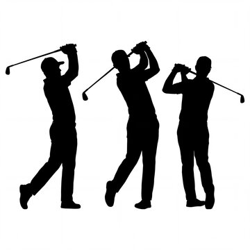 Golf Player Silhouettes Vector Collection with Men and Woman Athlete Swing Poses Isolated Black Figures for Sports Illustration Design and Fitness Competition
