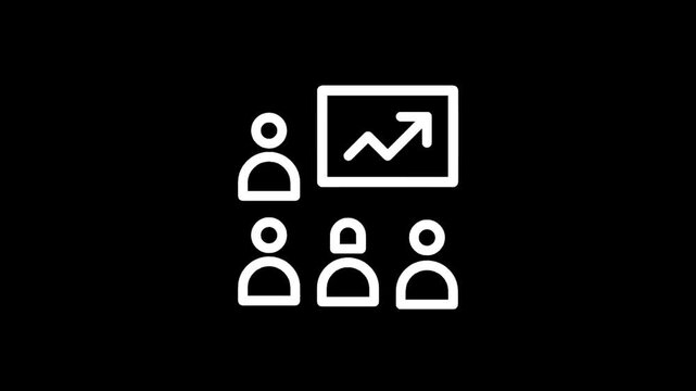 Business meeting with presentation showing upward trend graph and audience icons