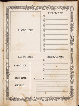 Open cookbook page template with photo and checklist