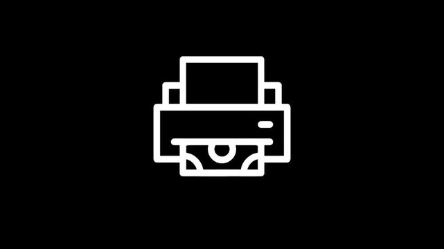 Simple line icon of a printer dispensing money on a black background