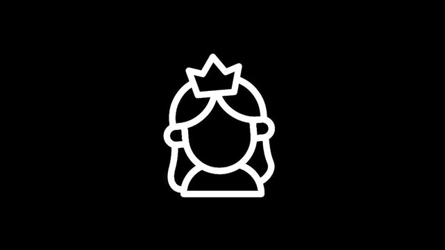 Simple line art icon of a princess with a crown on a black background