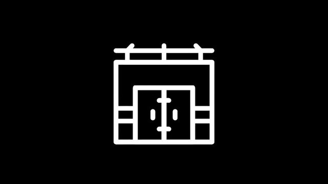 Simple white line art icon of a traditional Japanese gate with double doors