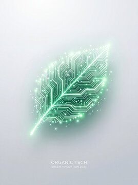 Glowing digital leaf with sparkles and organic tech text