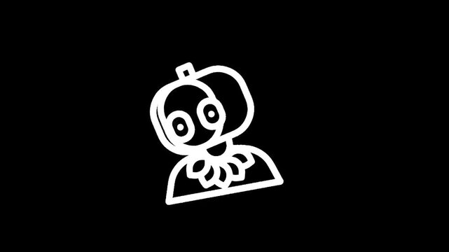 Stylized white outline of a pumpkin head character on a black background