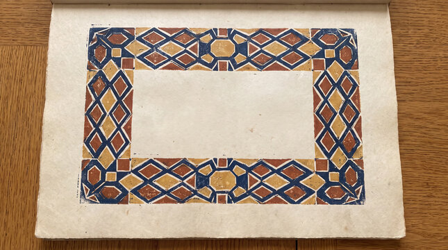 Vintage book page with red and blue diamond pattern border