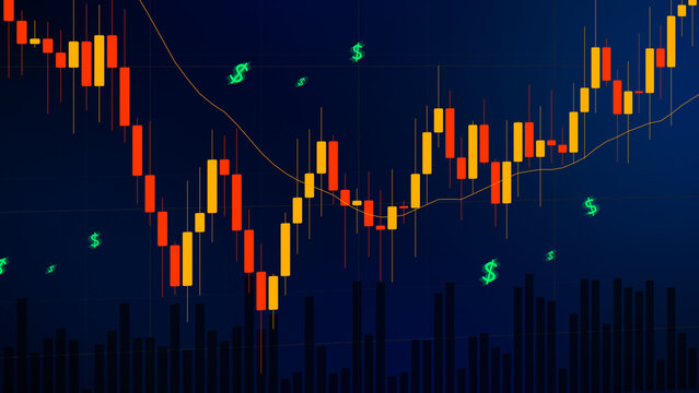 Financial Trading Candlestick Graph with Dollar Signs for Investment Strategy, Growth, and Market Analysis Background