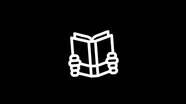 Simple line art icon of hands holding an open book against a black background