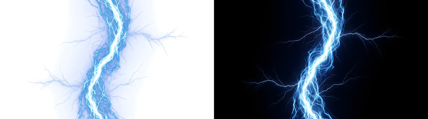 Blue lightning bolt striking vertically with branching electric currents PNG, Transparent and Black Background Versions © Guddoo