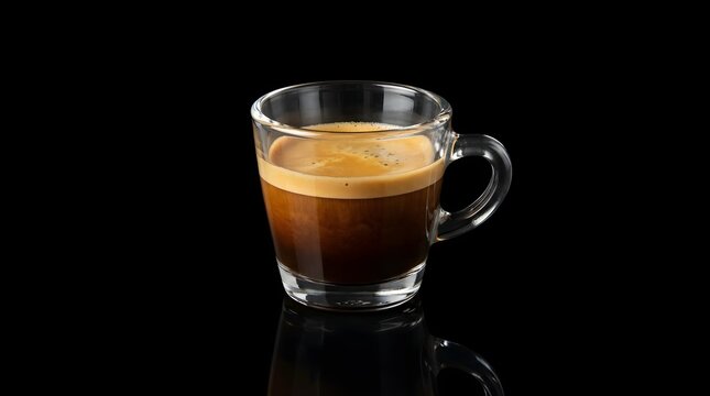 Close-up of a freshly brewed coffee in a glass cup. Morning beverage for coffee lovers.