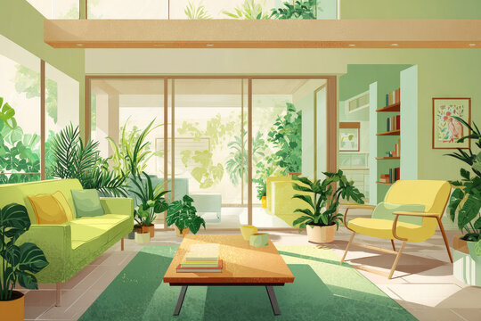 Interior of living room with green houseplants and sofas 