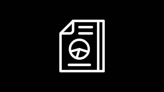 Simple white icon of a document with a pie chart and text lines on black background