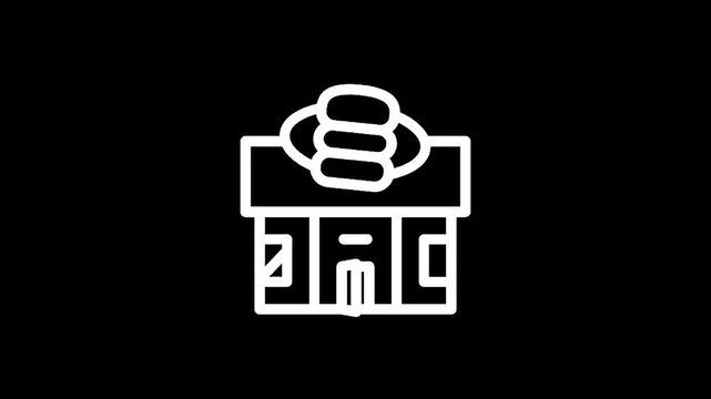 Simple line art icon of a building with a hot dog on top, representing a food establishment