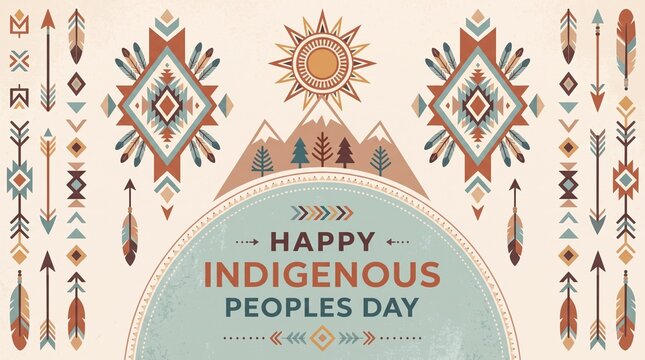 Happy indigenous peoples day poster with sun mountains and tribal arrows