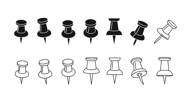 Thick line push pin icons set. Minimalist black and white vector pushpin symbol collection. Clean mono outline button pin clip art for ui design