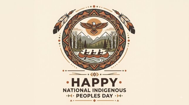 Happy national indigenous peoples day graphic with canoe and eagle symbol