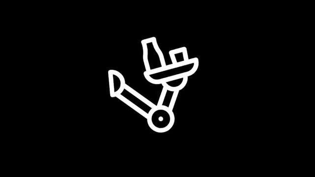 Simple white line art icon of a robotic arm holding a bottle and a box against a black background