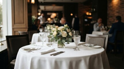 Fototapeta premium Elegant Restaurant Table Setting with Fresh Flowers and Fine China.