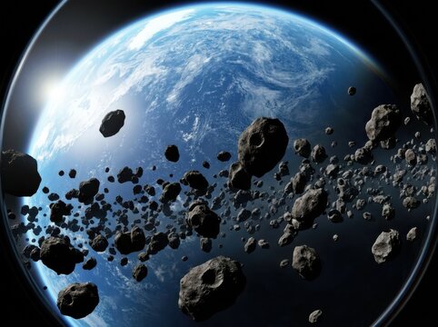 Dense asteroid field surrounding planet earth in space