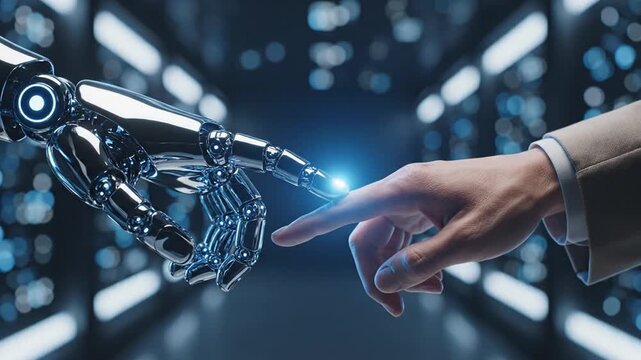 Robotic hand touching human finger in a futuristic data center representing AI collaboration