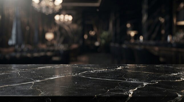 Elegant Black Marble Surface with Blurred Restaurant Background.