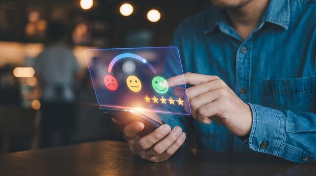 Person using a digital interface to provide customer feedback with star ratings and emoji icons for service quality evaluation and experience