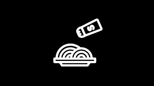Simple line art icon of salt shaker sprinkling seasoning onto a plate of pasta