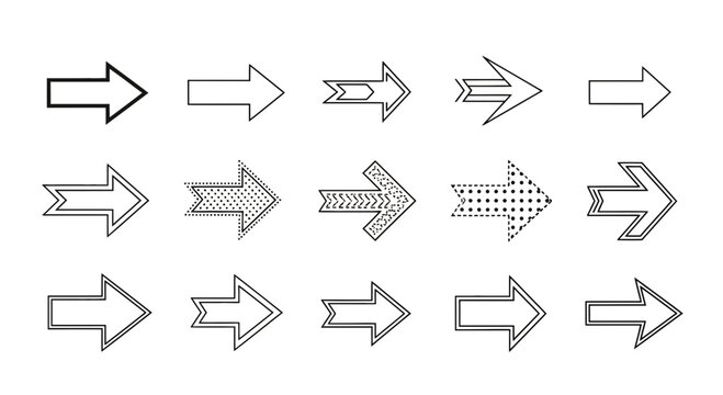 Set of simple arrow icons in different styles and directions on clean white background