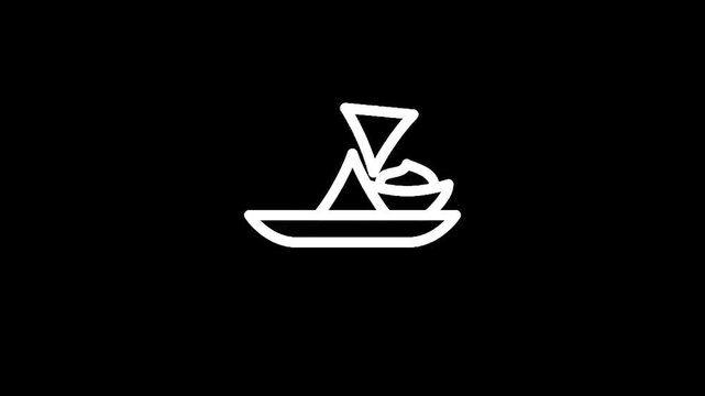 Simple line art icon of nachos with dip on a plate, isolated on black background