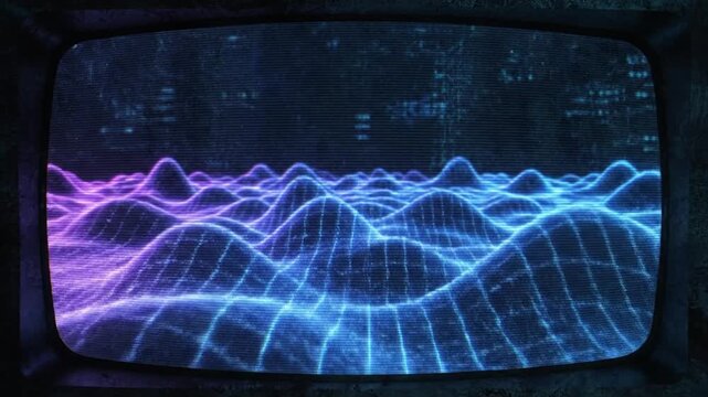 Retro CRT monitor displaying glowing blue and purple wireframe wave distortion with scanlines