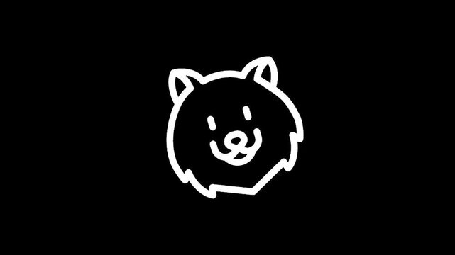Simple white outline drawing of a fluffy dog's face on a black background