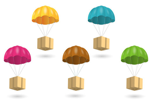Colorful parachutes dropping boxes illustration for marketing campaigns on transparent background