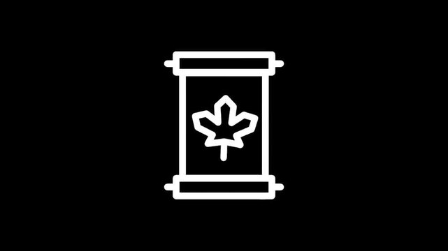 White maple leaf on a scroll icon against a black background