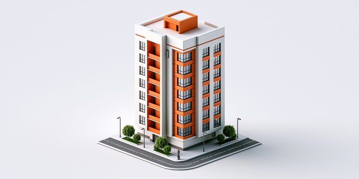 Modern apartment complex isometric architectural rendering